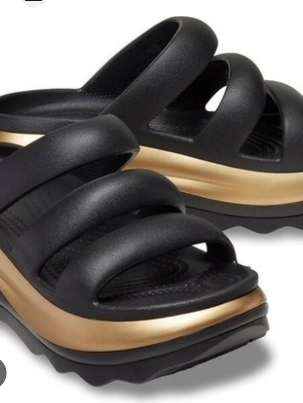 Size  8 Crocs.  Women’s Black and Gold Platform Slide Sandals